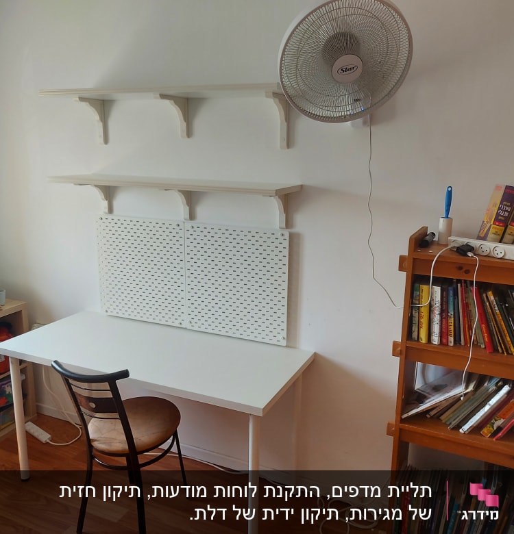 שולחן עבודה עם מדפים תלויים ומאוורר קיר